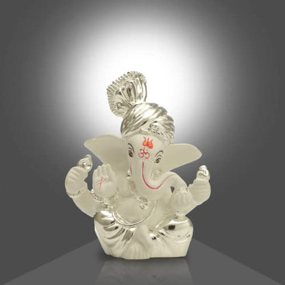 Pagdi Beautiful Murti Silver Plated Lord Ganesha for Car Dashboard Small Ganesh Idol Statue Figurine for Ganpati Puja Wedding Diwali Gifts Home Mandir Office Decor ( Size: 8 x 6 cm )