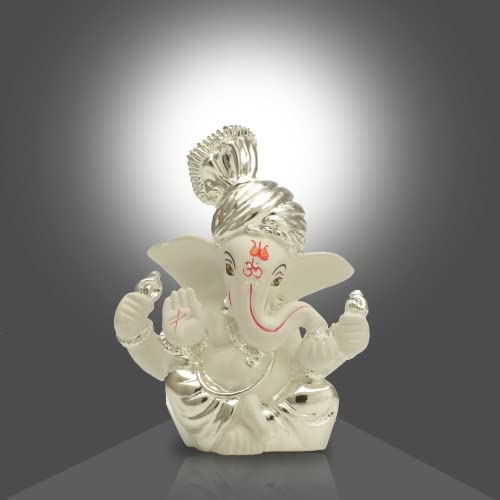 Pagdi Beautiful Murti Silver Plated Lord Ganesha for Car Dashboard Small Ganesh Idol Statue Figurine for Ganpati Puja Wedding Diwali Gifts Home Mandir Office Decor ( Size: 8 x 6 cm )