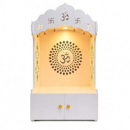 Om Chakra Floor Temple with Spacious Wooden Shelf Inbuilt Focus Light Finish, 38 inch, 57 cm White - color: White2, size: Large