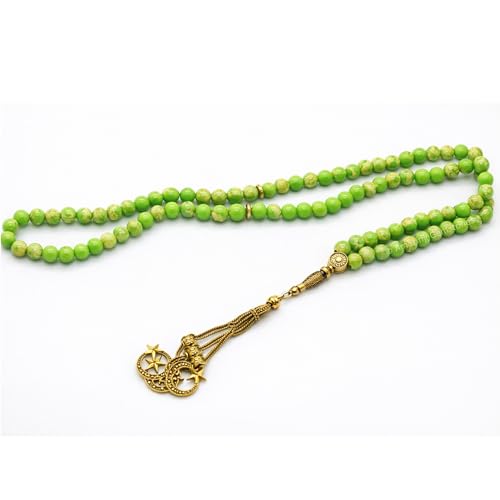 Amazing Gemstone Crystal Tasbeeh with Moon and Star Charm - Certified Crystal Muslim Prayer Beads Natural Gemstone Tasbih Gift for Ramadan Dhikr and Daily Namaz (G) - color: Green Turquoise