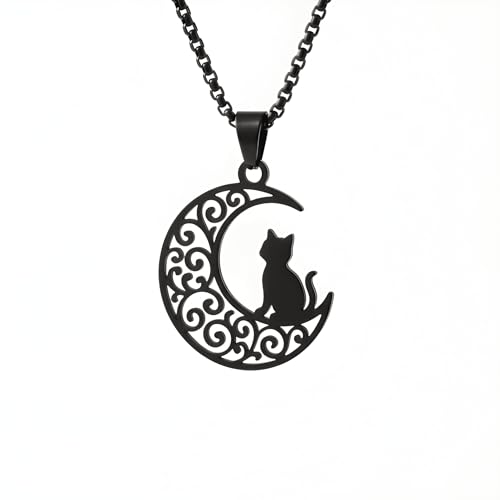 1" Stainless Steel Necklace Charms | Third Eye Vision | Peace Symbol | Finding Your Self | Yin & Yang | Moon Cat | Turtle Power | Flower of Life | | OM | Mystical Spiritual Protection, for Men & Women - style: Moon Cat Black