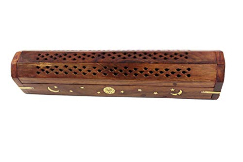 COTTON CRAFT Sheesham Wood Incense Burner Holder - Set of 2 Incense Burners - color: Natural - Sun & Moon Inlays, size: 2 Pack