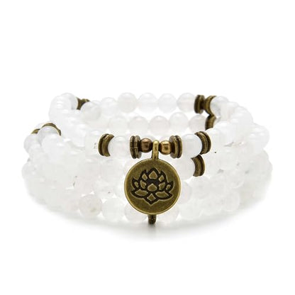 108 Healing Mala Beads Bracelet or Necklace with Gold Lotus Charm - style: White Jade