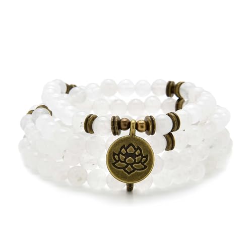 108 Healing Mala Beads Bracelet or Necklace with Gold Lotus Charm - style: White Jade