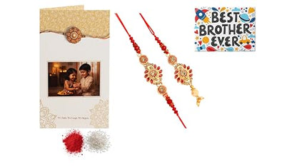 Premium Designer Bhaiya Bhabhi Rakhi Set with Lumba, Greeting Card, Roli Chawal & Fridge Magnet - color: Design-1