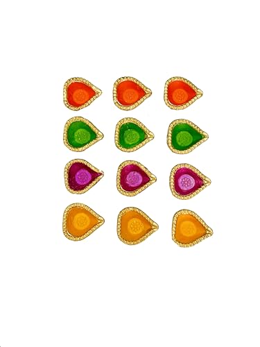 Multicolor Clay Diya for Diwali Pooja Dia with Cotton Wicks for Puja Tea Light Holder Indian Decor Deepavali Deepak earthen Oil Lamps Gifts Puja Items Diwali Decoration Pack of 12