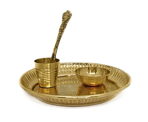 Satvik Brass 4 Pc Bhog Thali Set for Laddu Gopal With Glass, Bowl and Pooja Spoon - Home and Temple Kanha Ji Plate Set (Medium) - size: Medium
