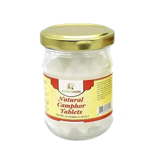 ANCIENT VEDA Natural Camphor Tablets in Glass Jar Bottle Premium Quality Refined 100% Natural for Aromatherapy, Odor Eliminator, Puja, Alcanfor (50 Gram) - size: 50 Gram