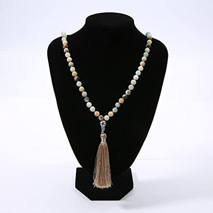 108 Mala Prayer Beads Necklace Natural Stones Meditation Yoga Jewery 108 Hand Knotted Japa Mala Beaded Long Tassel Necklace with Tree of Life Pendant for Men and Women - color: 8mm Amazonite