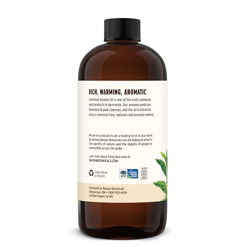 Banyan Botanicals Organic Unrefined Sesame Oil – Rich & Warming Ayurvedic Massage Oil for Body & Scalp – Traditional Abhyanga Oil for Deep Tissue Grounding & Recovery – 16 oz – USDA Organic - size: 16 Fl Oz (Pack of 1)