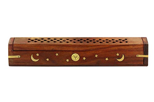 COTTON CRAFT Sheesham Wood Incense Burner Holder - Set of 2 Incense Burners - color: Natural - Sun & Moon Inlays, size: 2 Pack