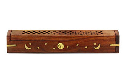 COTTON CRAFT Sheesham Wood Incense Burner Holder - Set of 2 Incense Burners - color: Natural - Sun & Moon Inlays, size: 2 Pack
