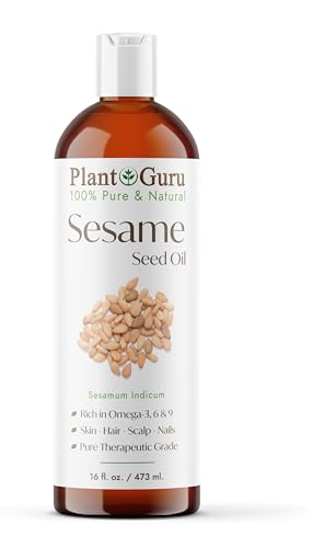Plant Guru Sesame Seed Oil 16 fl. oz. – Cold Pressed, 100% Pure & Natural Carrier for Skin, Face, Body, Hair, and Cooking. Great for DIY Creams, Lotions, and Lip Balms.