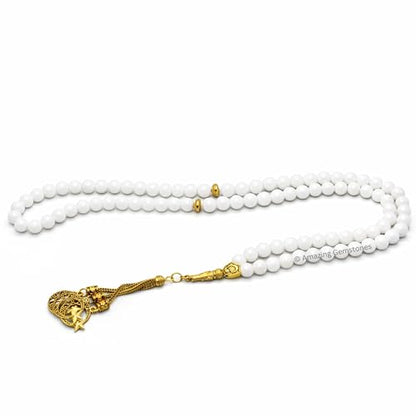 Amazing Gemstone Crystal Tasbeeh with Moon and Star Charm - Certified Crystal Muslim Prayer Beads Natural Gemstone Tasbih Gift for Ramadan Dhikr and Daily Namaz (G) - color: Mother of Pearl