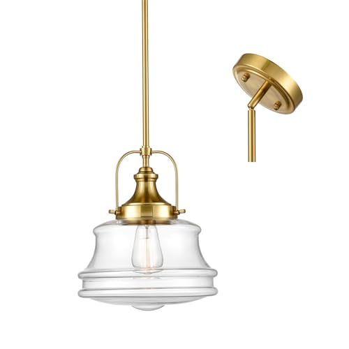 DEYNITE Modern Schoolhouse Pendant Light Brass Hanging Rod Kitchen Light - color: Gold, size: Clear Glass Shade