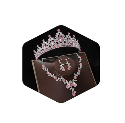 Kamirola Tiaras and Crowns for Women,Tiaras Earrings Necklace, Crystal Bridal Jewelry Set, Costume Party Halloween Prom Pageant Jewelry for Women(TR45) - color: Pink & Silver