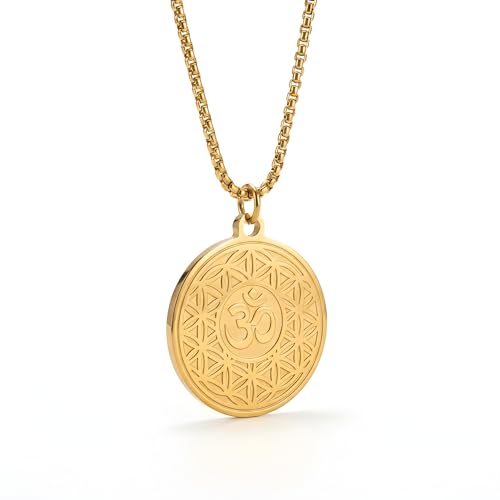 1" Stainless Steel Necklace Charms | Third Eye Vision | Peace Symbol | Finding Your Self | Yin & Yang | Moon Cat | Turtle Power | Flower of Life | | OM | Mystical Spiritual Protection, for Men & Women - style: OM Flowering Gold