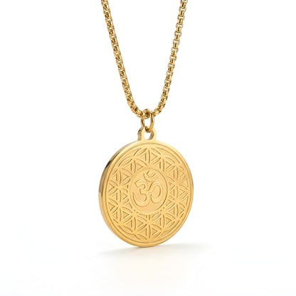 1" Stainless Steel Necklace Charms | Third Eye Vision | Peace Symbol | Finding Your Self | Yin & Yang | Moon Cat | Turtle Power | Flower of Life | | OM | Mystical Spiritual Protection, for Men & Women - style: OM Flowering Gold