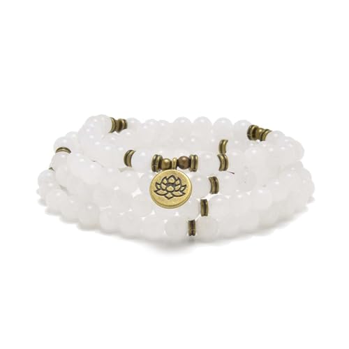 108 Natural Stone Mala Beads Yoga Bracelet with Lotus Charm - style: White Jade