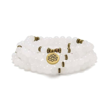 108 Natural Stone Mala Beads Yoga Bracelet with Lotus Charm - style: White Jade