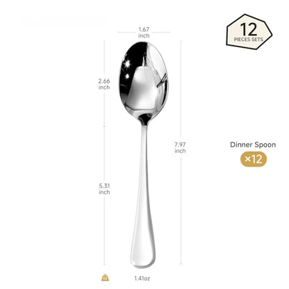 HIKAA 12 Pcs Dinner Spoons Set, 18/10 Stainless Steel Spoons - size: 12-Piece, style: DINNER SPOONS