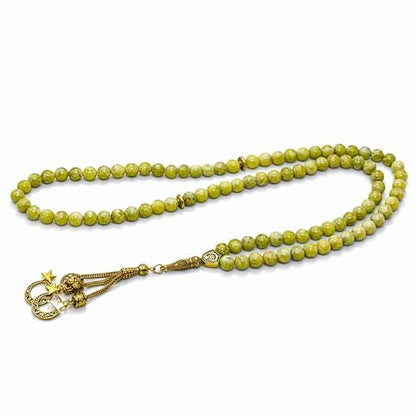 Amazing Gemstone Crystal Tasbeeh with Moon and Star Charm - Certified Crystal Muslim Prayer Beads Natural Gemstone Tasbih Gift for Ramadan Dhikr and Daily Namaz (G) - color: Serpentine