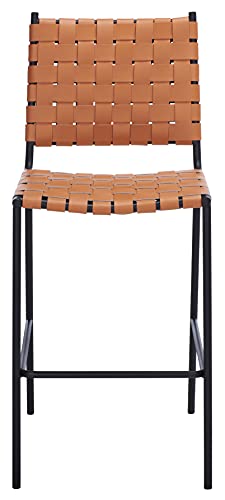 SAFAVIEH Home Collection Bahari Cognac Woven Leather/Black 26-inch Kitchen Island Breakfast Nook Counter Stool (Fully Assembled) - color: Cognac/Black