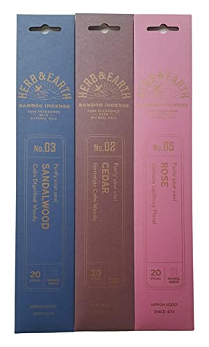 Nippon Kodo Herb & Earth Bamboo Incense Combo Set (Cedar, Rose, Sandalwood) 20 Sticks Each Scent