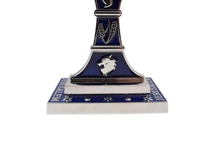 Jerusalem 7 Branch Traditional Menorah Enamel Finish, with 12 Tribes of Israel, Jewish Candle Holders (10.8 inch) - color: Silver Blue