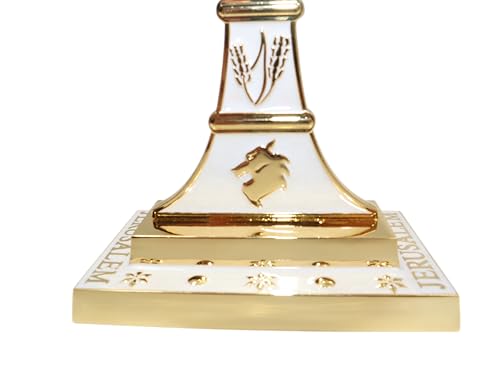 Traditional Jerusalem Menorah 7 Branch, Enamel Finish, with 12 Tribes of Israel, Jewish Candle Holders (10.8 inch) - color: Golden White