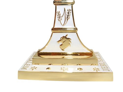 Traditional Jerusalem Menorah 7 Branch, Enamel Finish, with 12 Tribes of Israel, Jewish Candle Holders (10.8 inch) - color: Golden White