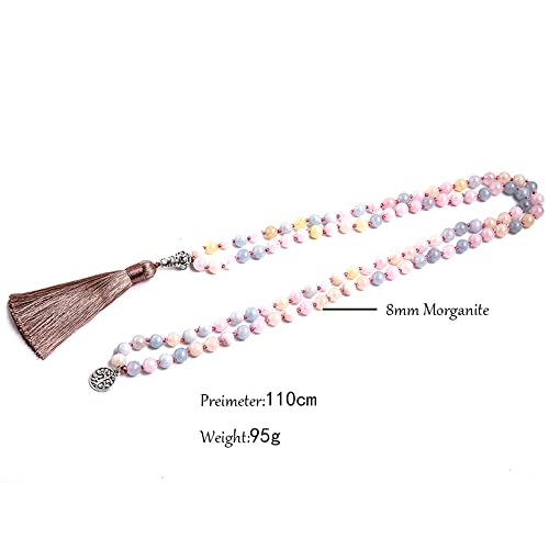 108 Mala Prayer Beads Necklace Natural Stones Meditation Yoga Jewery 108 Hand Knotted Japa Mala Beaded Long Tassel Necklace with Tree of Life Pendant for Men and Women - color: 8mm morganite