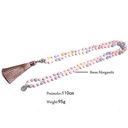 108 Mala Prayer Beads Necklace Natural Stones Meditation Yoga Jewery 108 Hand Knotted Japa Mala Beaded Long Tassel Necklace with Tree of Life Pendant for Men and Women - color: 8mm morganite