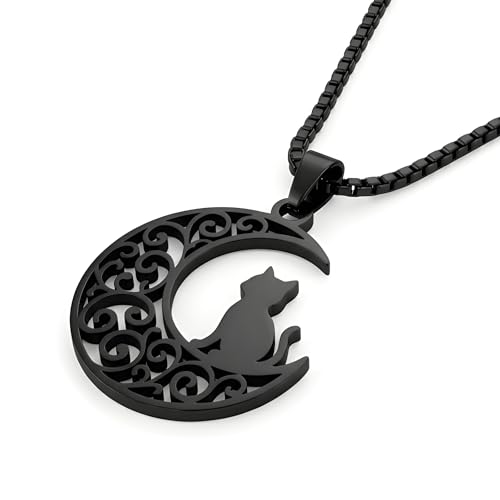 1" Stainless Steel Necklace Charms | Third Eye Vision | Peace Symbol | Finding Your Self | Yin & Yang | Moon Cat | Turtle Power | Flower of Life | | OM | Mystical Spiritual Protection, for Men & Women - style: Moon Cat Black