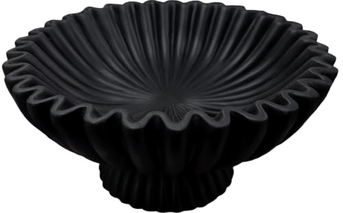 10" Large Decorative Bowl decor, Scalloped Bowls for Modern Home Decor,Ruffle Decor,Stylish Key Bowl for Entry Table,Decorative Fruit Bowl for Kitchen Counter,With base,Black - color: Black - with base