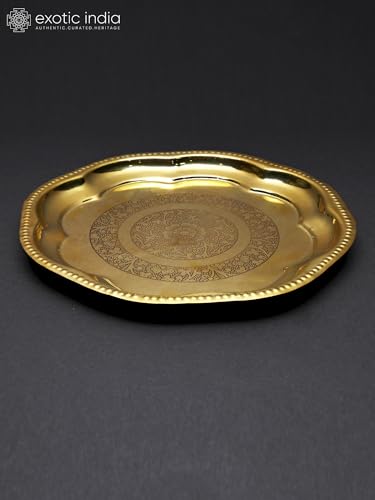 Exotic India Brass Pooja Thali Plate | Rituals Floral Design Aarti Plate for Puja Mandir, Lakshmi Poojan Plate for Diwali Festivals