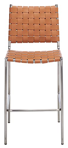 SAFAVIEH Home Collection Bahari Cognac Woven Leather/Silver 26-inch Kitchen Island Breakfast Nook Counter Stool (Fully Assembled) - color: Cognac/Silver