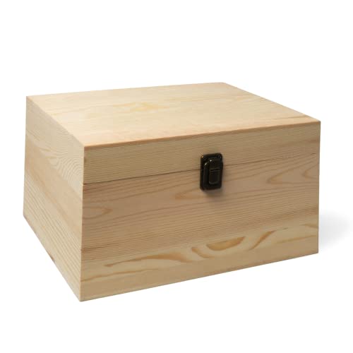 10.71x8x5.66-Inch Unfinished Wooden Box with Hinged Lid & Front Clasp for DIY Art Project Crafts Woodcraft Keepsake - Easy to Stain Paint Wood Burning - size: 10.71 x 8 x 5.66 inches