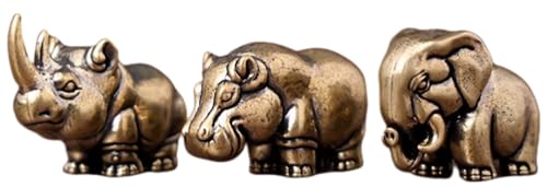 African Three Treasures - Pure Brass Elephant, Rhino & Hippo Figurines Set, Miniature Animal Statues for Desk Decor, Handcrafted Vintage Brass Sculptures - color: Three Treasures