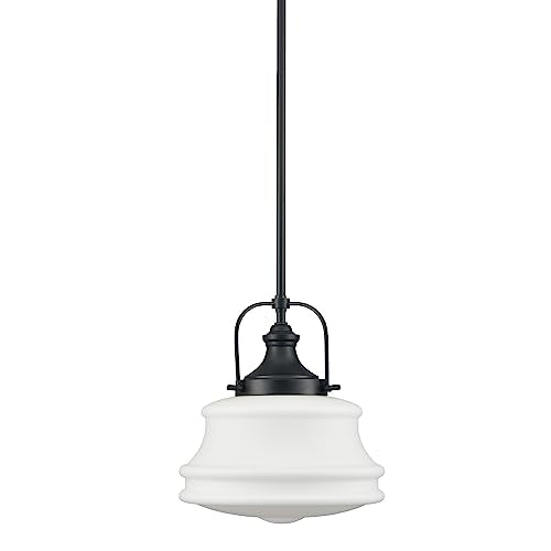 DEYNITE Industrial Black Pendant Light Rod Hanging Schoolhouse Light - color: Black, size: White Glass Shade