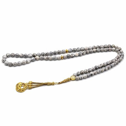 Amazing Gemstone Crystal Tasbeeh with Moon and Star Charm - Certified Crystal Muslim Prayer Beads Natural Gemstone Tasbih Gift for Ramadan Dhikr and Daily Namaz (G) - color: Black Piccaso