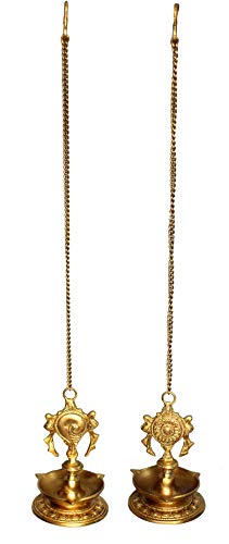 StonKraft - Pair of Brass Hanging Diya, Oil Lamp, Lamp for Home and Office (Hanging Length 25.75")
