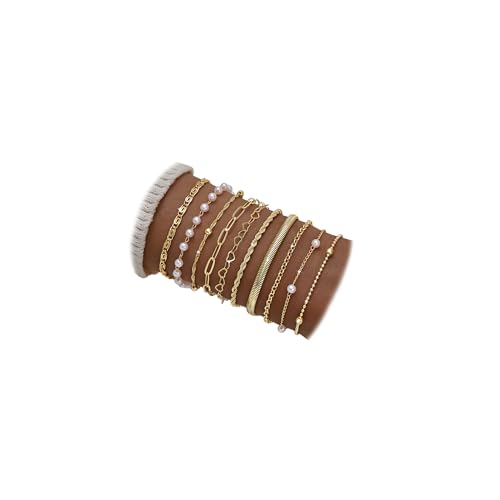 10 Pcs 14K Gold Plated Bracelet for Women, Dainty Stackable Chain Set - color: Gold-pearl