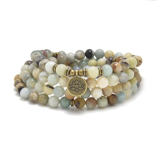 108 Natural Stone Mala Beads Yoga Bracelet with Lotus Charm - style: Amazonite