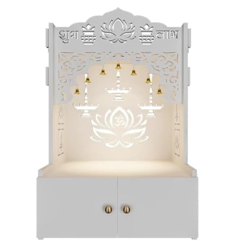 Lotus Finish Wooden Wall Temple for Home with inbuilt Focus Lights Spacious Shelf White - color: White2, size: Small