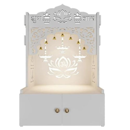 Lotus Finish Wooden Wall Temple for Home with inbuilt Focus Lights Spacious Shelf White - color: White2, size: Small