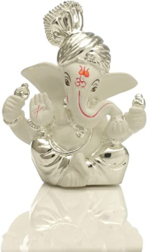 Pagdi Beautiful Murti Silver Plated Lord Ganesha for Car Dashboard Small Ganesh Idol Statue Figurine for Ganpati Puja Wedding Diwali Gifts Home Mandir Office Decor ( Size: 8 x 6 cm )