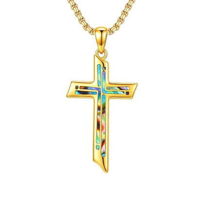 ROMANTICWORK Cross Pendant Necklace 14k Gold Plating Christian Crucifix Necklace Religious Confirmation Jewelry Gifts for Men Women - color: Abalone Shell Cross