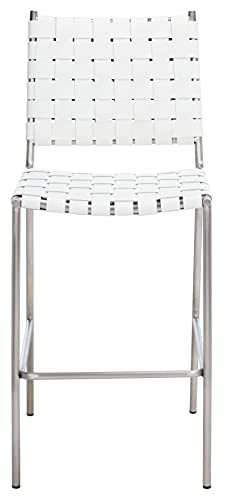 SAFAVIEH Home Collection Bahari White Woven Leather/Silver Woven 26-inch Kitchen Island Breakfast Nook Counter Stool (Fully Assembled) - color: White/Silver