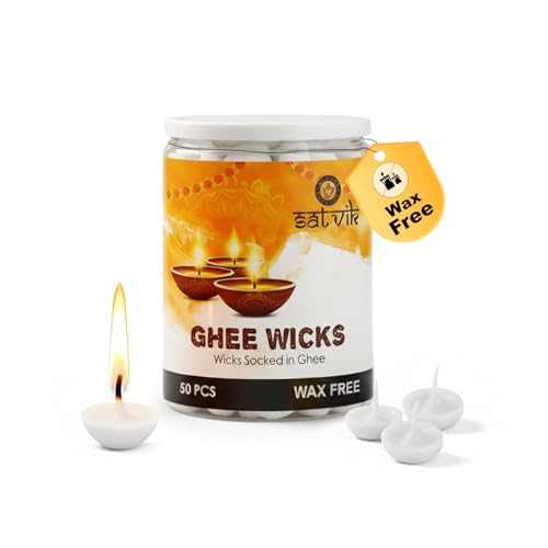 SATVIK Pack of 50 Pure Ghee Wicks for Puja | Ready-to-Use Diya Batti | 30-Min Burn Time | Wax-Free Cotton Wicks | Ideal for Pooja, Meditation, Diwali, and Housewarming Gifts - size: 50 Pc